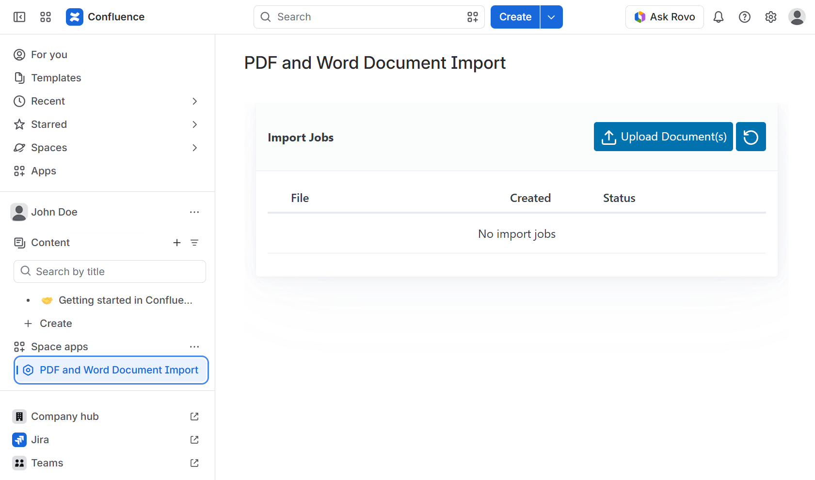 The app open in a Confluence space, reached from PDF and Word Document Import under Space apps in the left sidebar. The panel is headed Import Jobs with Upload Document(s) and refresh buttons, and the job list reads No import jobs.
