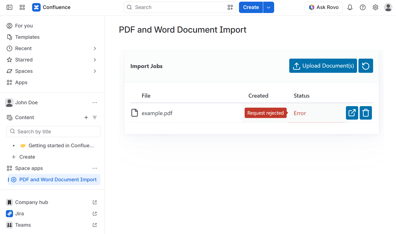 The Import Jobs list showing example.pdf with a status of Error in red and a Request rejected tooltip, with the open and delete buttons available at the end of the row.