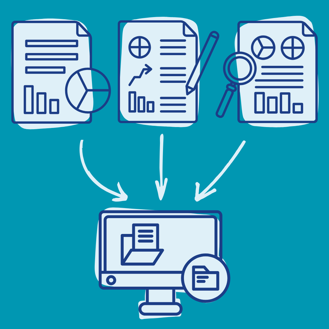 An illustration of three different documents of various data being sent into a computer.