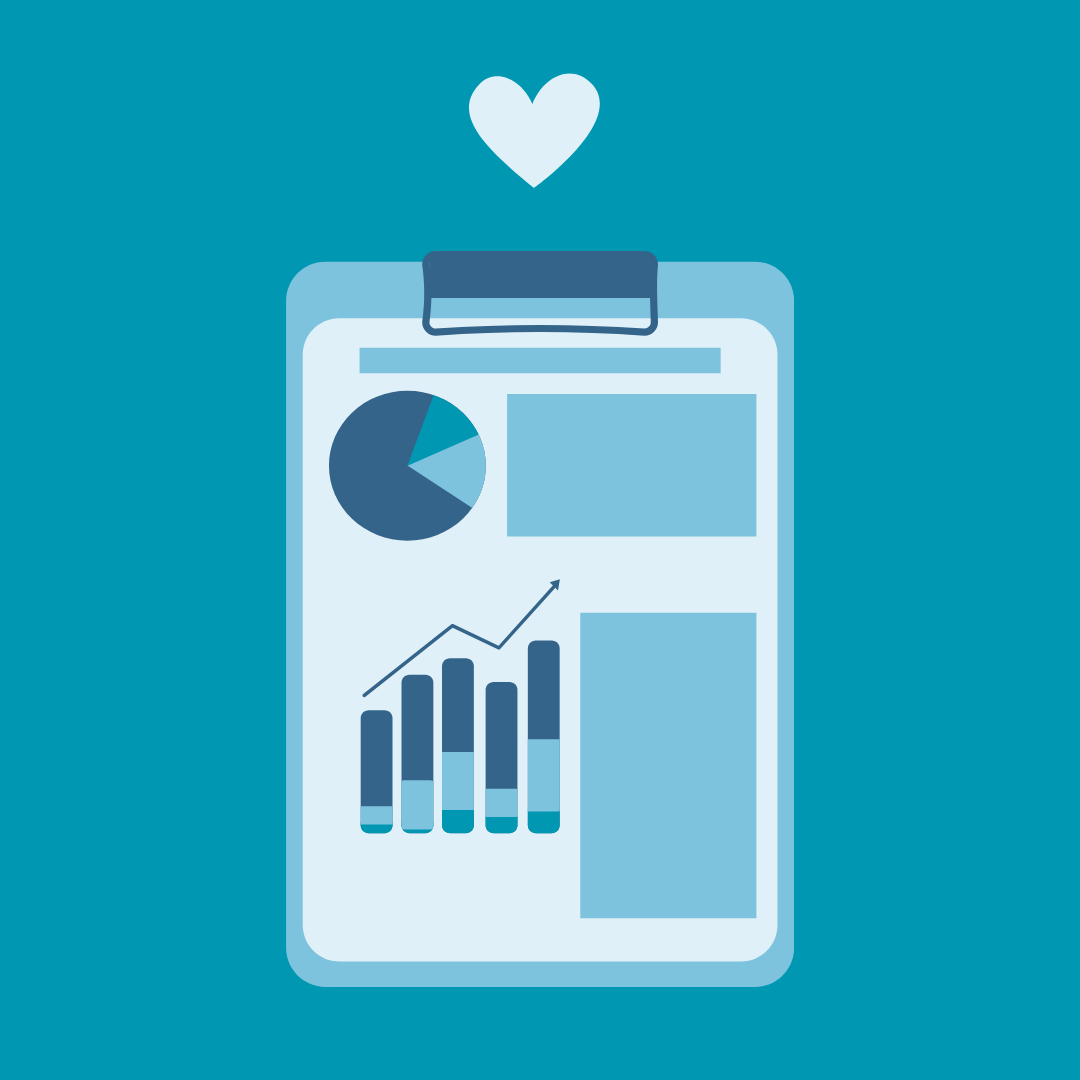 A simple monochromatic illustration showing a love heart above a clipboard. The paper on the clipboard has icons implying data and a report.